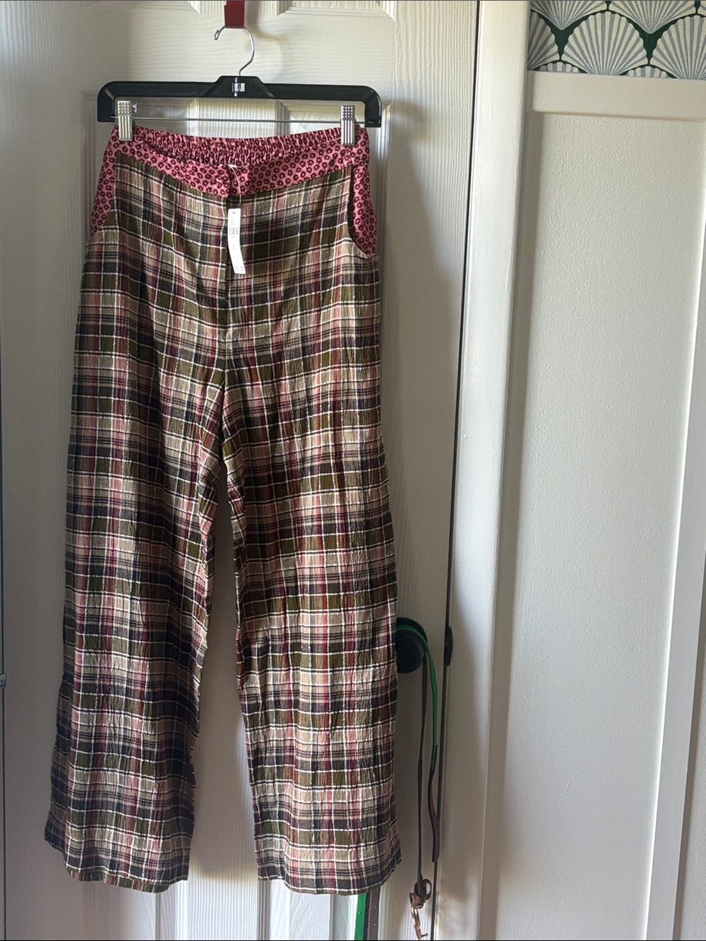 NWT Anthropologie Pink-Trim Plaid Wide-Leg Women’s Pants size 8